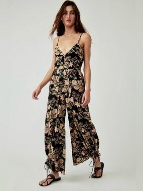 Free People Stand Out Floral Jumpsuit M Black Wide Leg Open Back